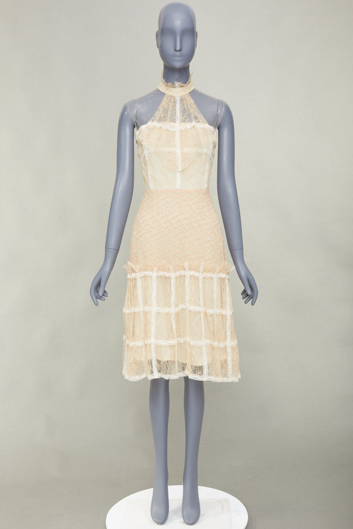rare RODARTE 2017 halter ruffled panel lace cream beige midi dress US2 XS