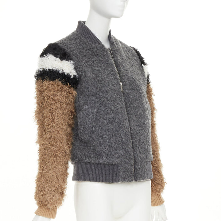 NO. 21 grey tan brown alpaca mohair blend fluffy sleeve  bomber jacket IT40 S