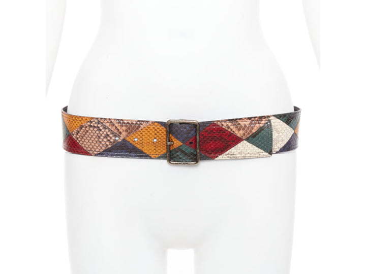 SAINT LAURENT diamond patchwork multicolor scaled leather statement belt 85cm