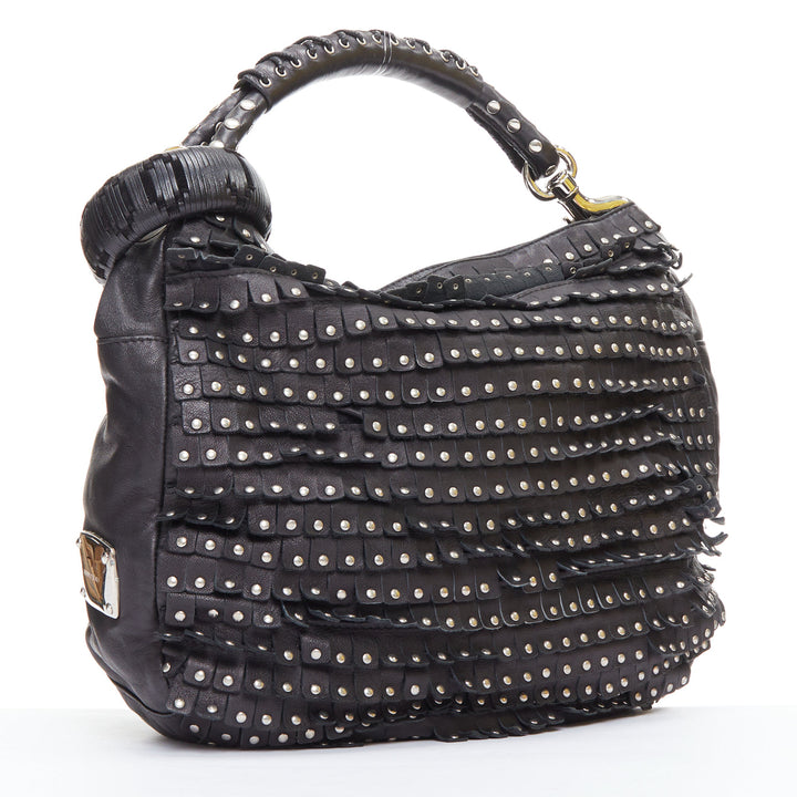 JIMMY CHOO Sky black studded suede fringe cuff strap hobo bag