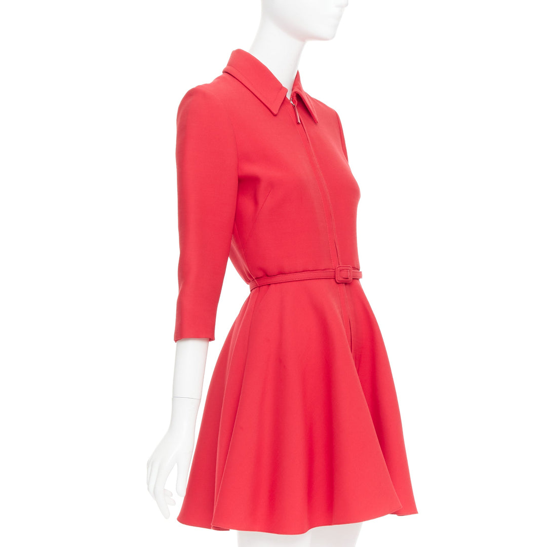 CHRISTIAN DIOR 2019 red wool silk half zip belted flare dress FR36 S