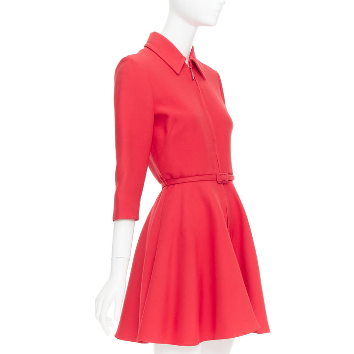 CHRISTIAN DIOR 2019 red wool silk half zip belted flare dress FR36 S