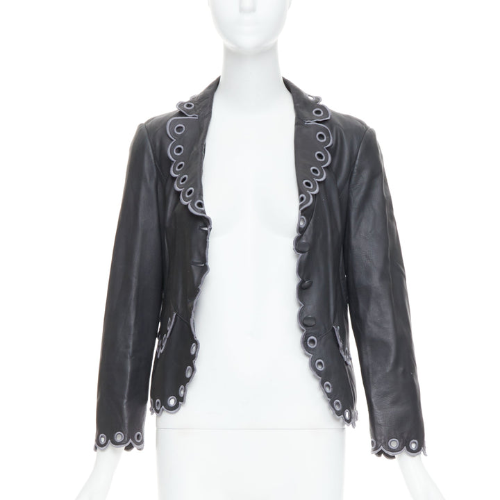 EMPORIO ARMANI 2009 black lambskin grey embroidered scalloped crop jacket IT40 S