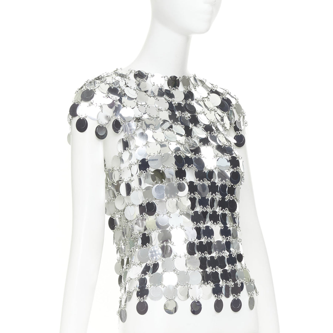 PACO RABANNE The Iconic silver metallic disc short sleeves paillettes top M