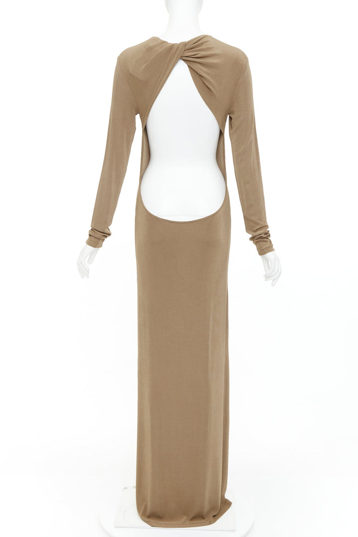 SAINT LAURENT 2024 beige viscose blend knit knot open back gown dress M