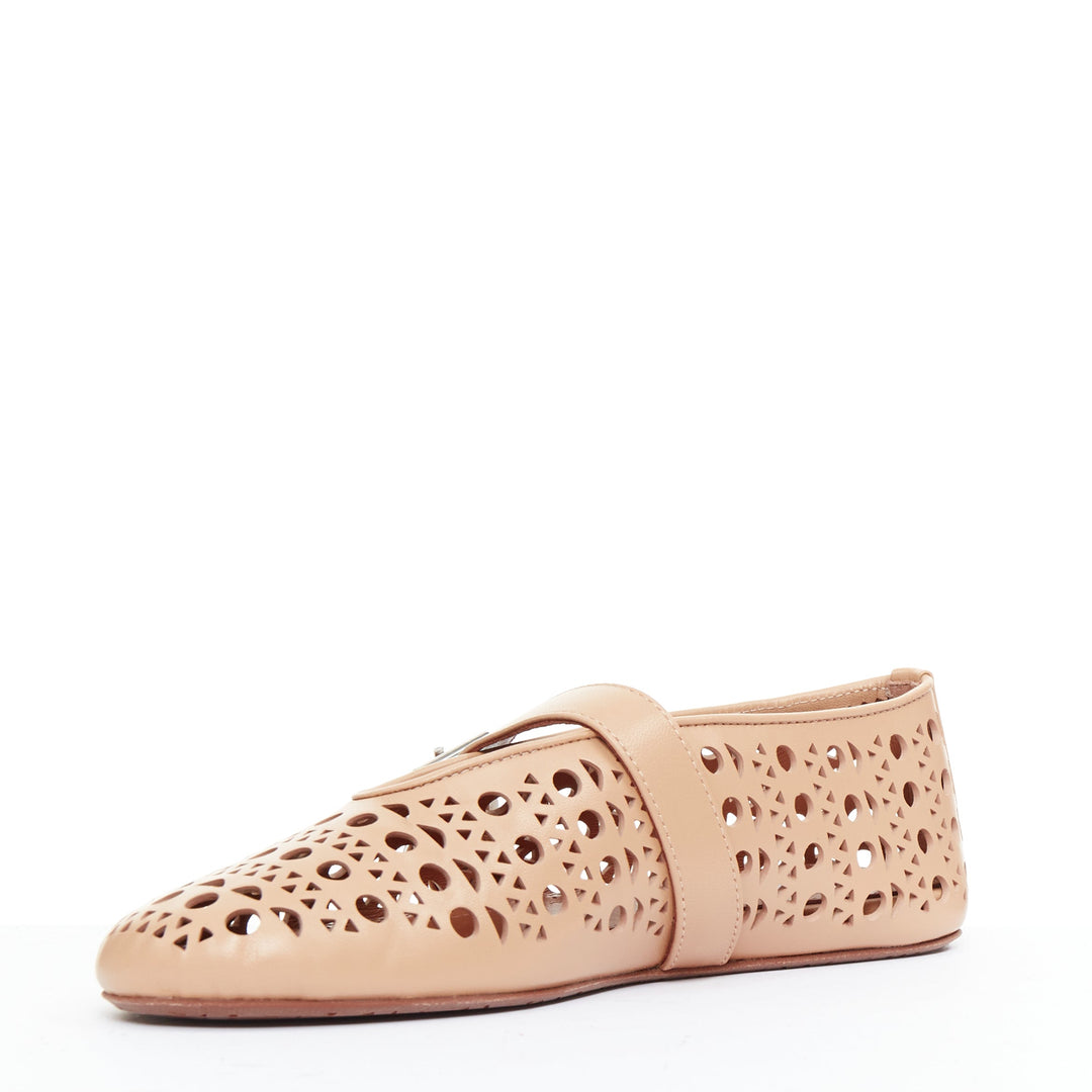 ALAIA Vienne tan leather cut out buckle maryjane ballerina flats EU37
