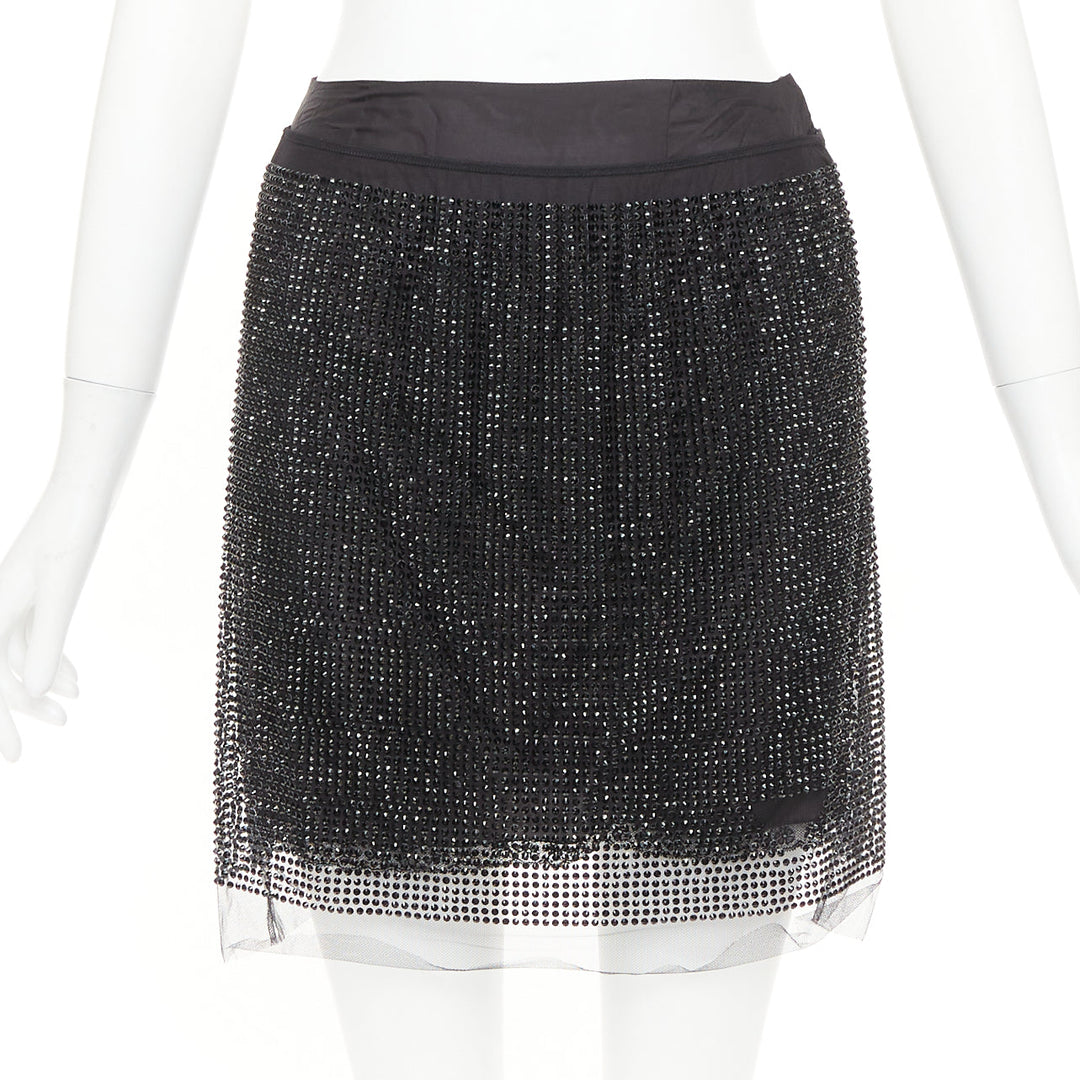 PRADA 2021 black crystal strass embellished cut out lace mini skirt IT38 XS