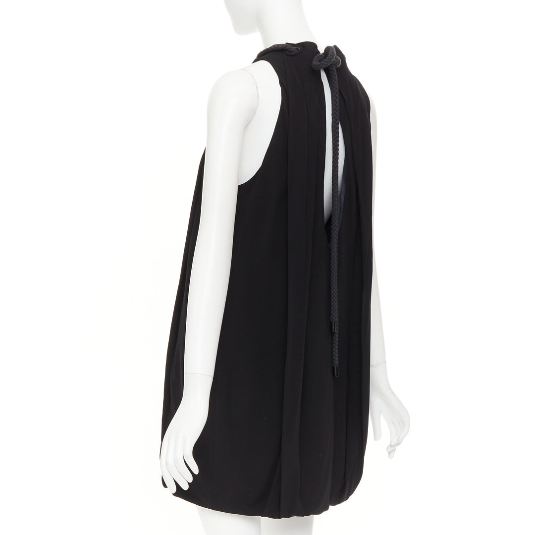 BALENCIAGA 2007 rope eyelet gathered neck black silk drop waist dress FR36 S