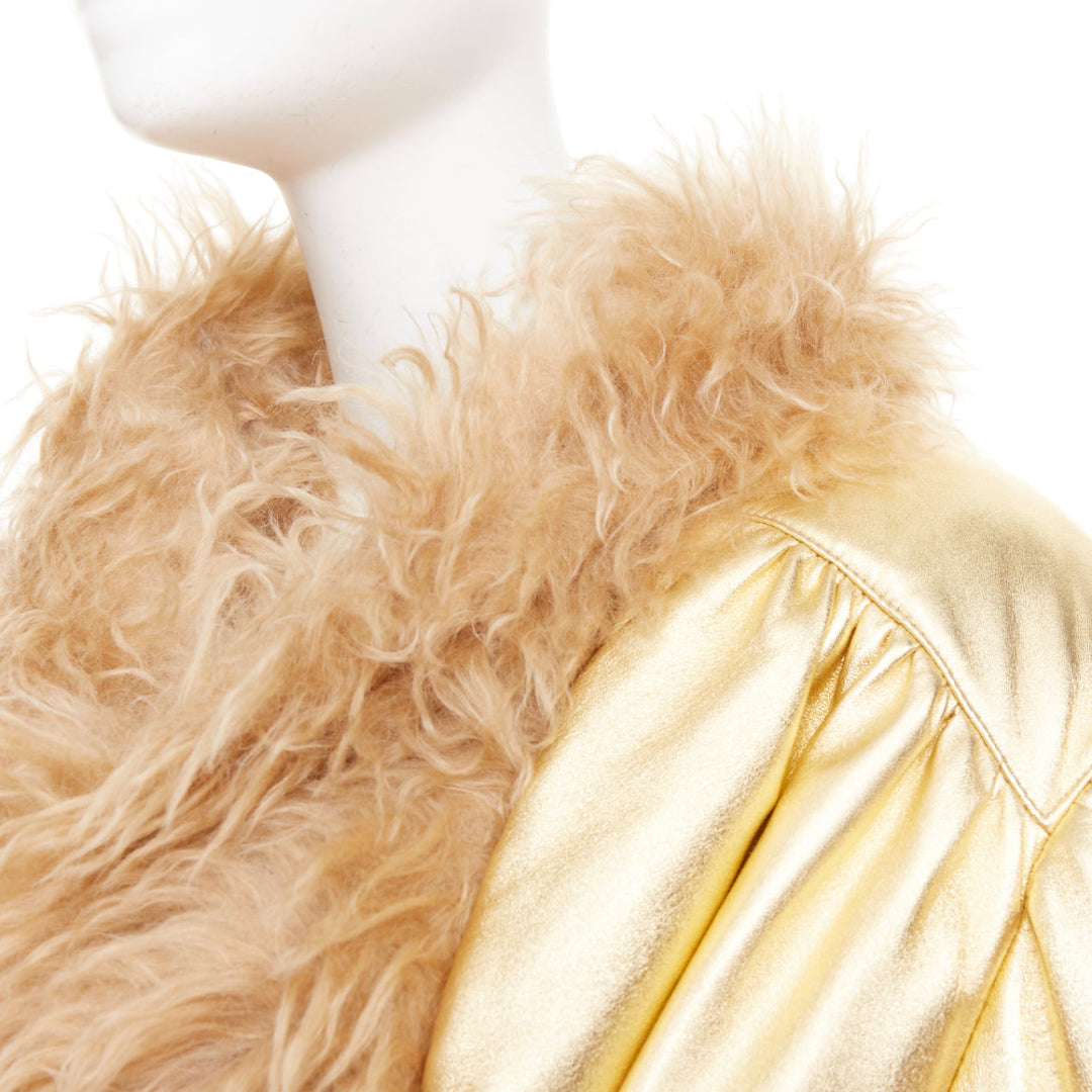 MIU MIU 2019 gold lambskin brown mohair shaggy fur collar robe coat IT36 XXS
