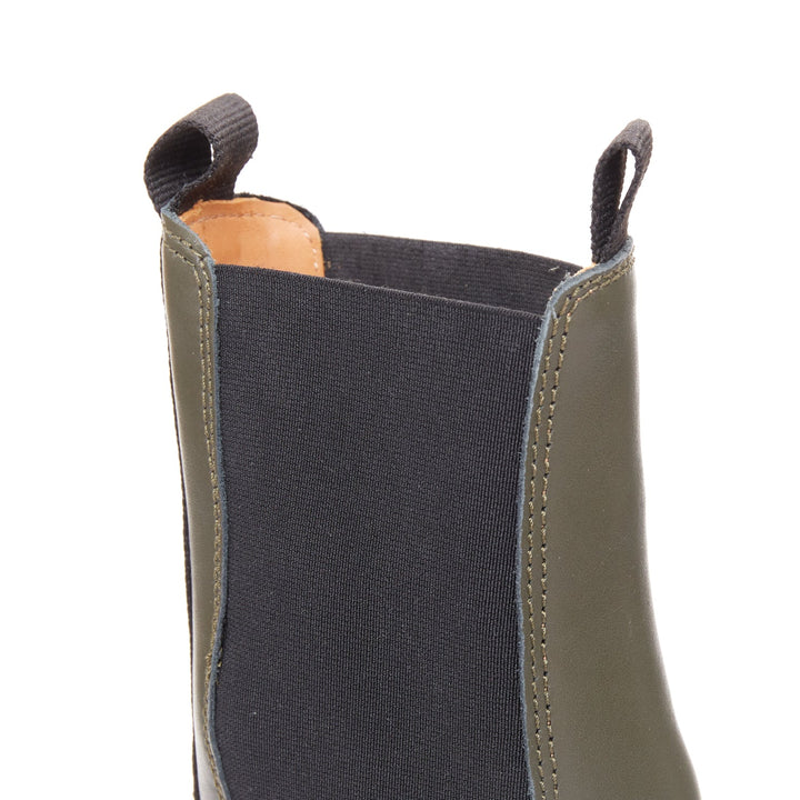 GANNI Kalamata army green leather black rubber elastic gusset chelsea boots EU39