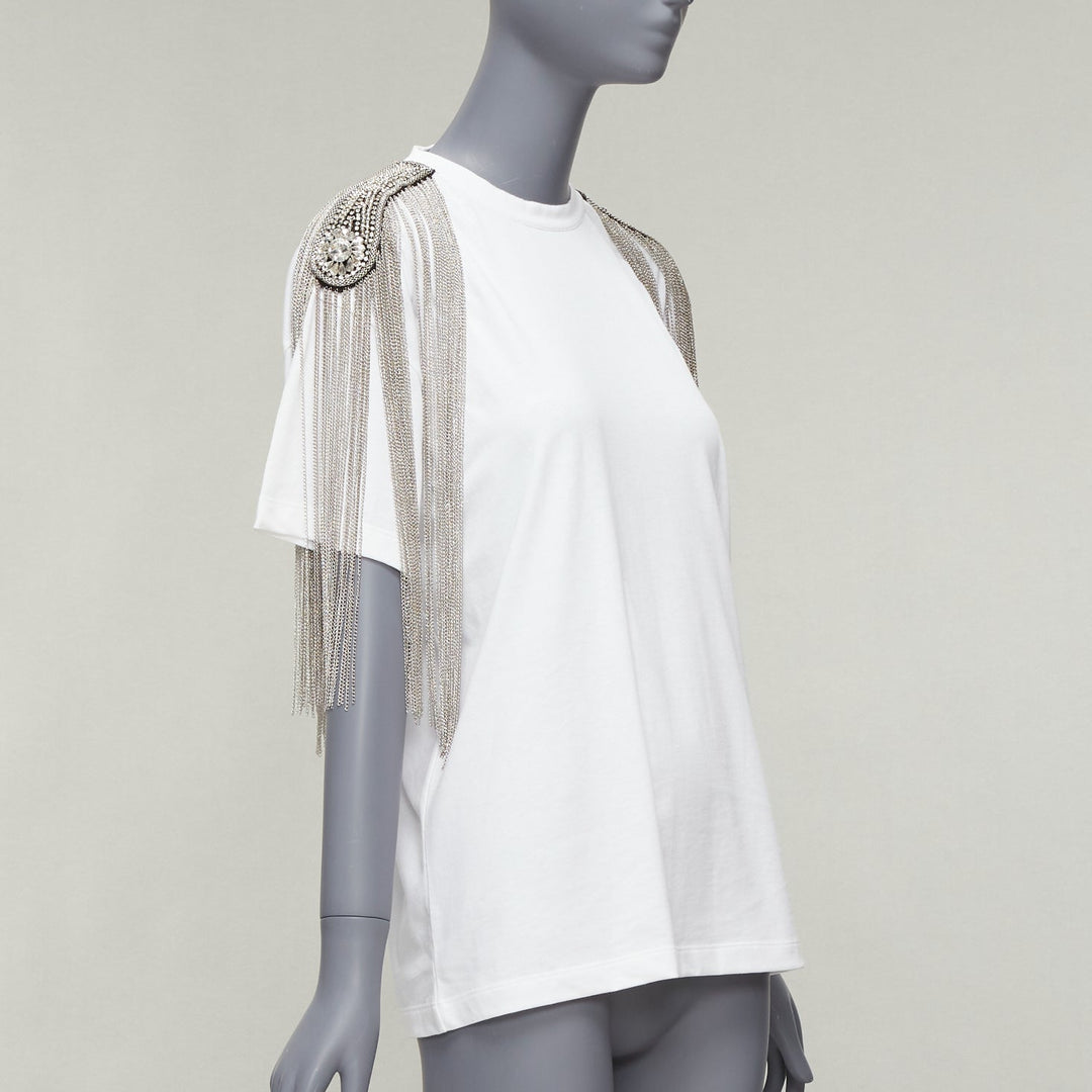 CHRISTOPHER KANE white military silver chain embellished shoulder tshirt XS