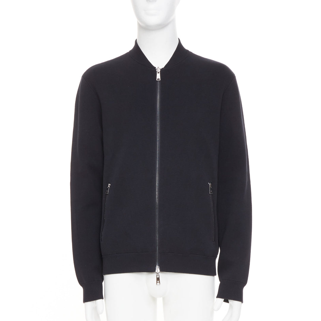 EMPORIO ARMANI Reversible black cotton full zip silver logo bomber jacket XL