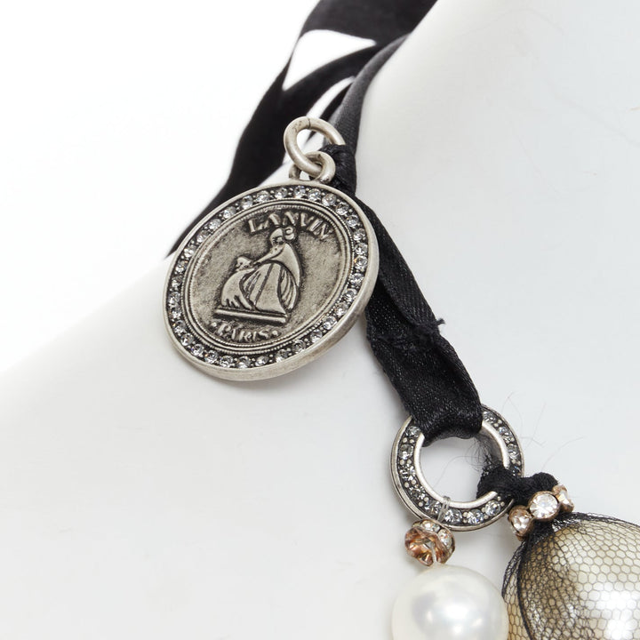 LANVIN black double strand wrapped faux pearl ribbon tie statement necklace