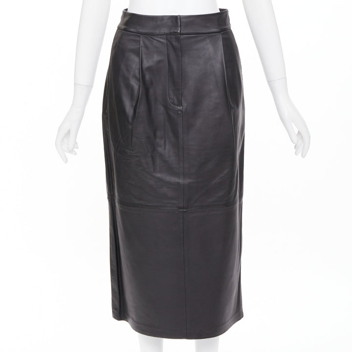 TIBI black lambskin leather pleated front panelled back slit midi skirt US00 XXS