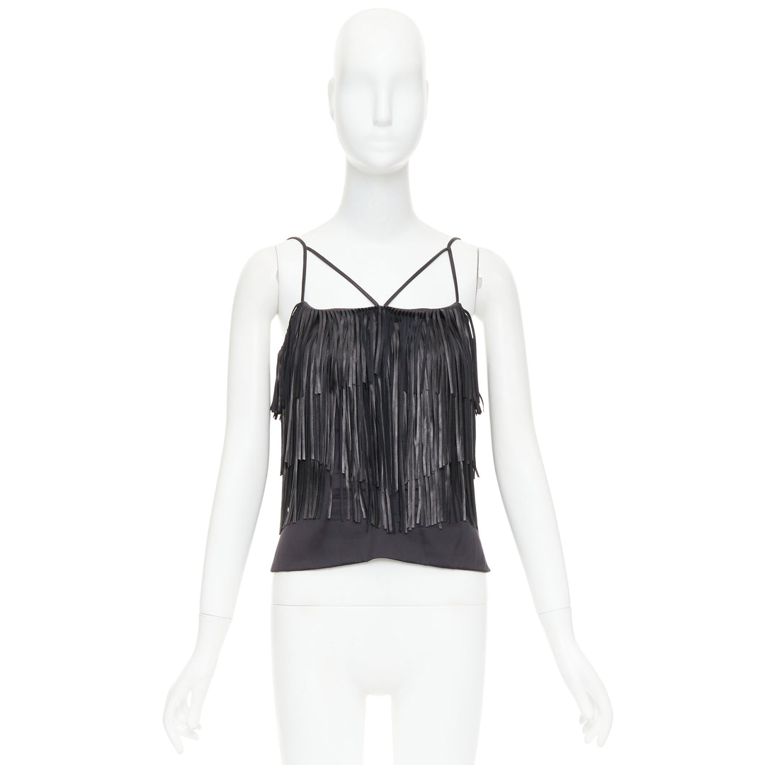 JITROIS black fringed lambskin leather silk blend lined flapper top FR38 M