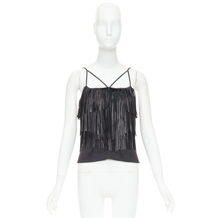 JITROIS black fringed lambskin leather silk blend lined flapper top FR38 M