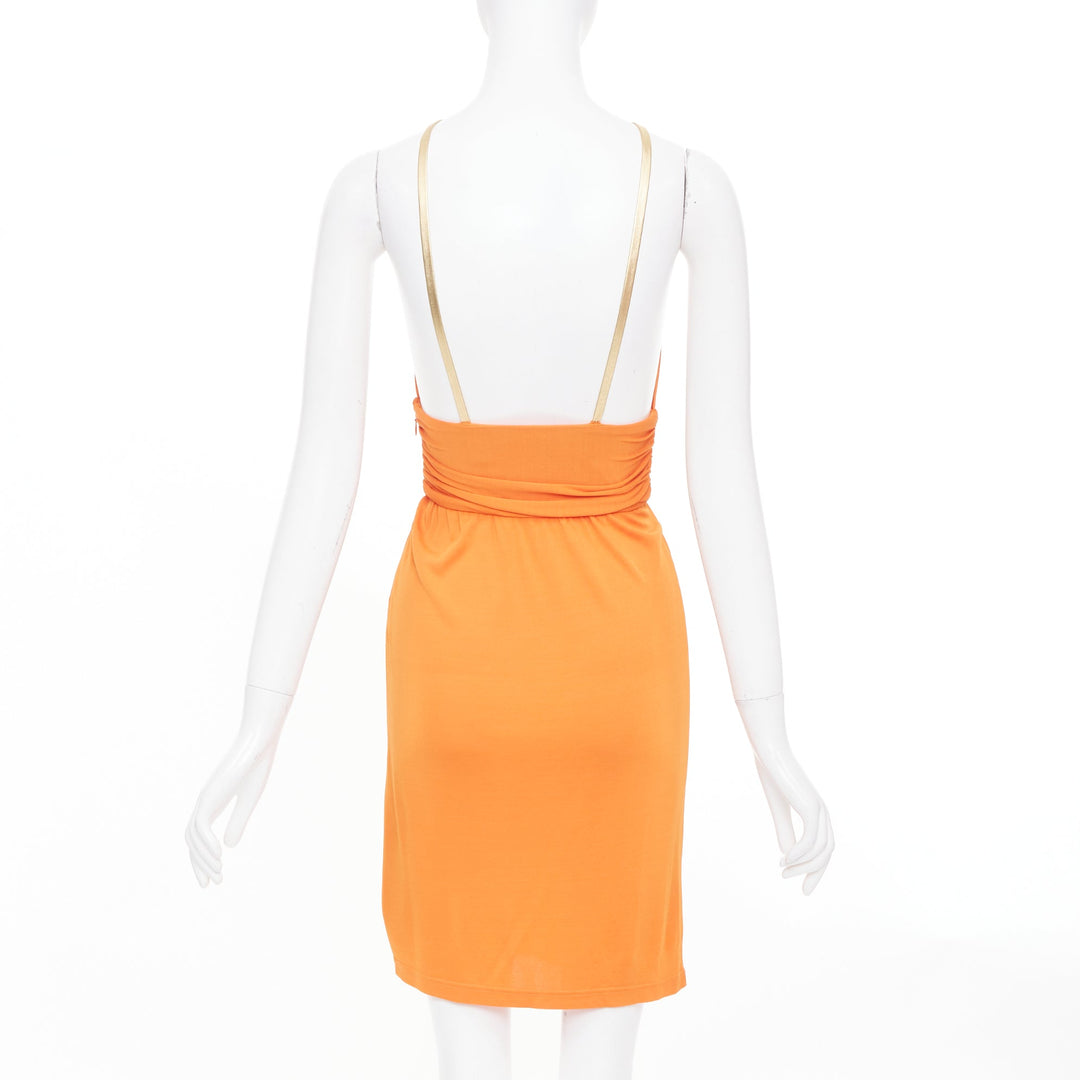 CELINE Vintage orange gold leather trim halter viscose apparel dress FR36 S