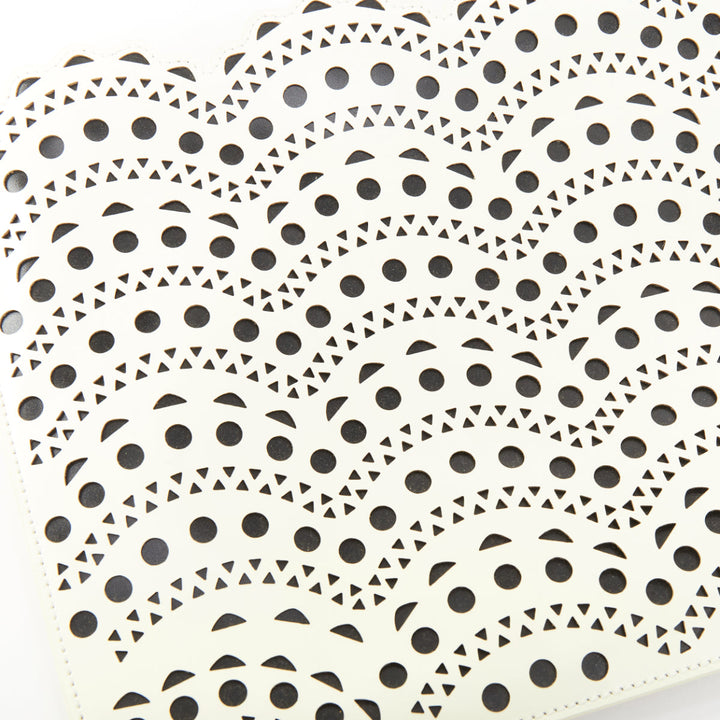 ALAIA Vienne laser cut white leather black lined scalloped zip pouch clutch bag