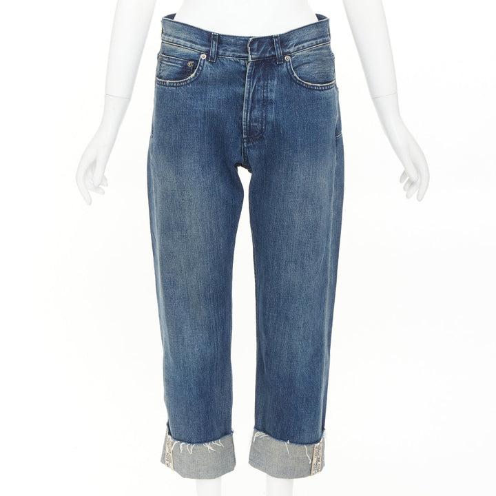 DIOR CD 01 blue denim logo tape cuff frayed boyfriend cropped jeans FR36 S