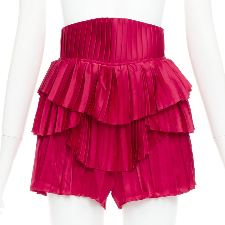 ANDREA IYAMAH Hibi red satin tiered laced corset pleated shorts XS
