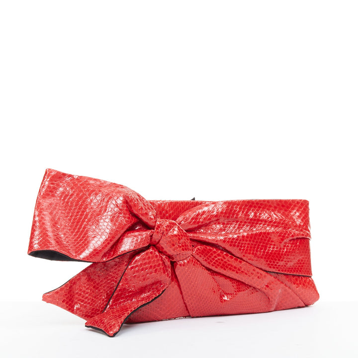 VALENTINO red glossy scaled leather oversized bow top zip evening clutch bag