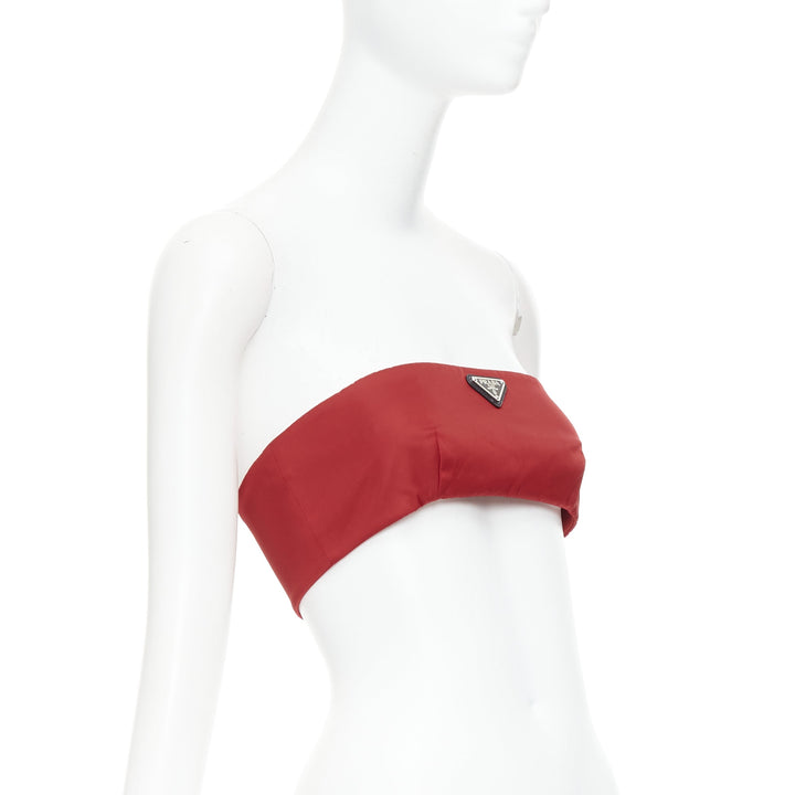 PRADA Re-Nylon red triangle logo plate strapless bustier tube top IT38 XS