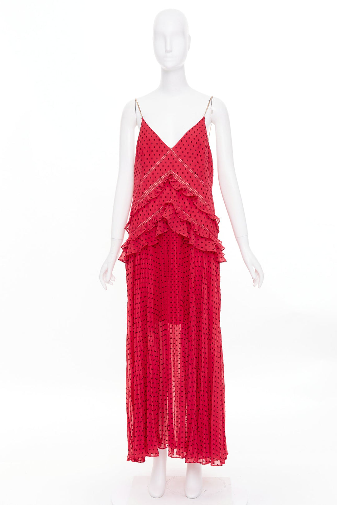 SELF PORTRAIT fuchsia red plumetis polka dot pleated tiered ruffle dress UK14