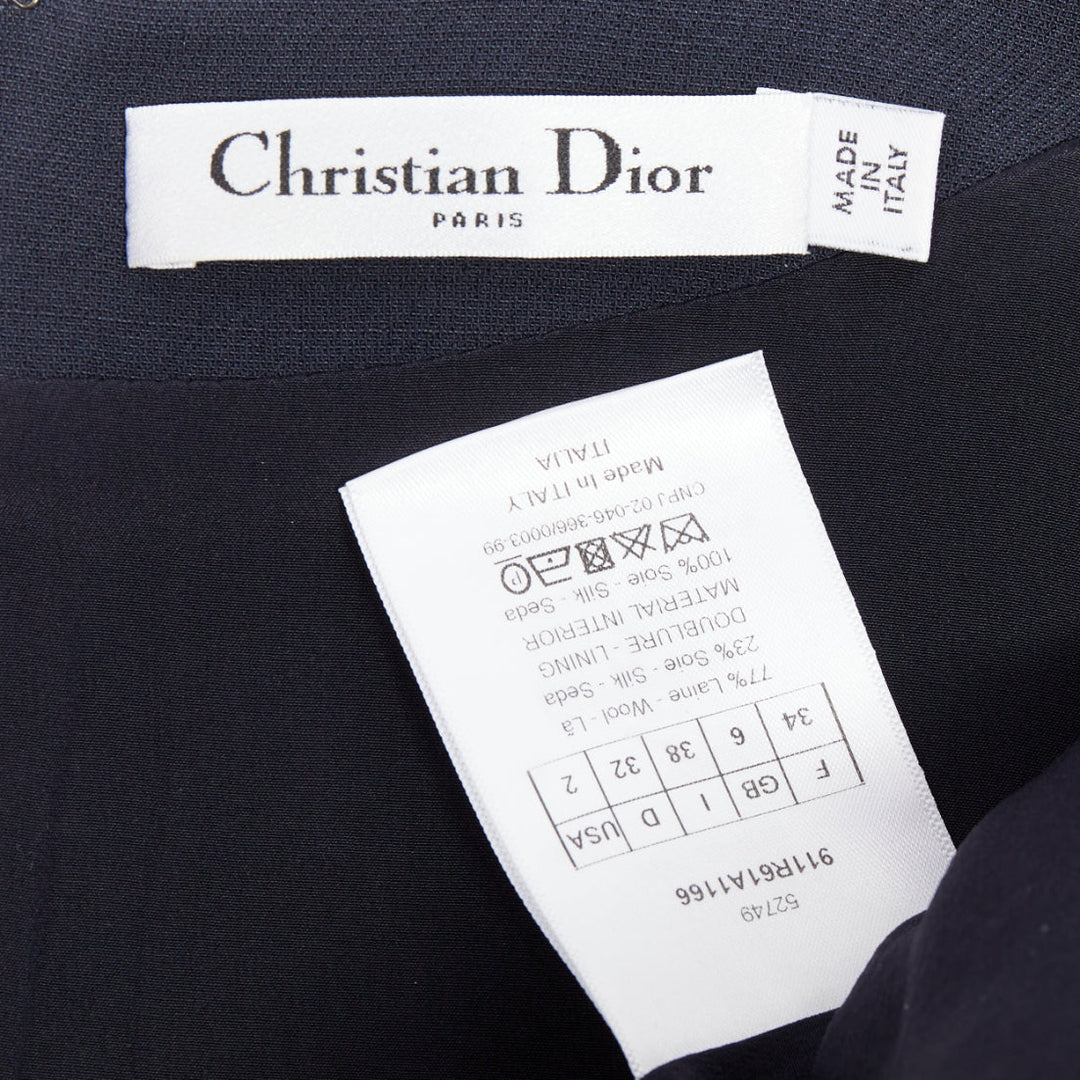 DIOR navy wool silk flap pocket darted slit sided sleeveless Aline dress FR34 XS