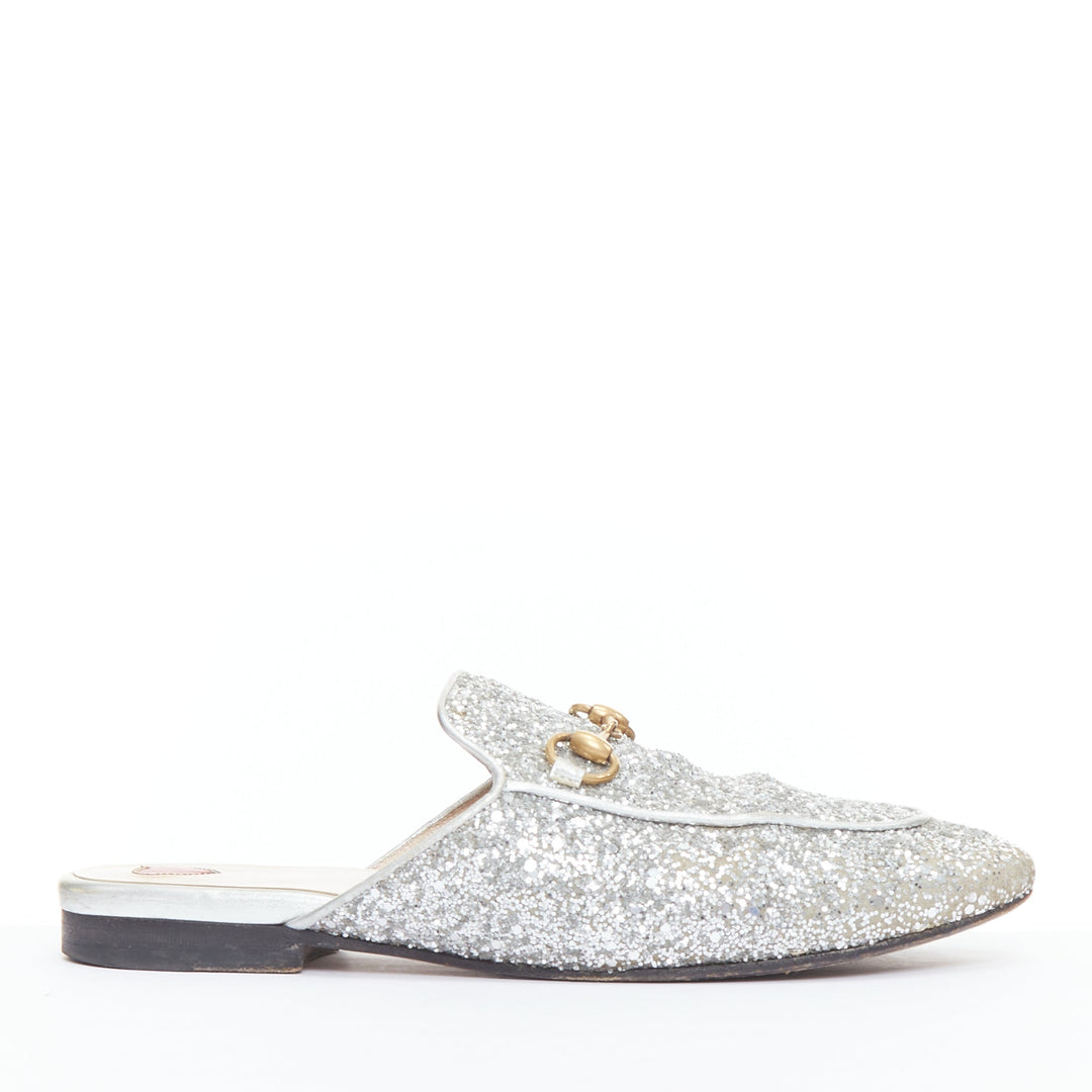 GUCCI Princetown silver glitter gold horsebit slip on loafer mules EU36.5