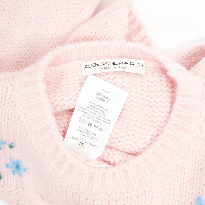ALESSANDRA RICH pink alpaca blue floral embroidered cable knit sweater IT38 XS