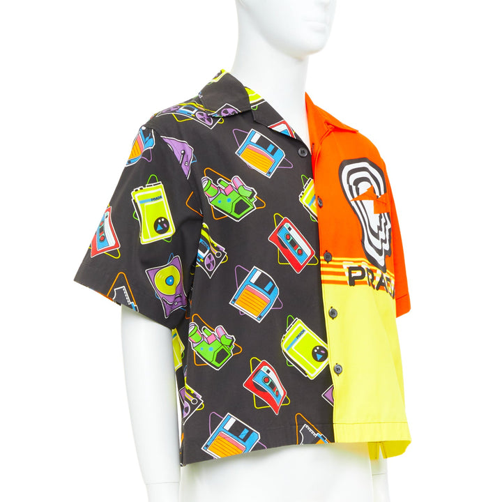 PRADA 2020 Double Match orange cassette print cotton short sleeve boxy shirt M