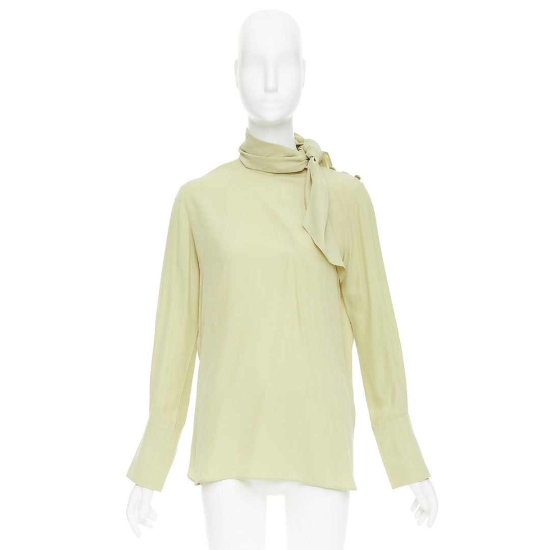 JOSEPH Geoff pea green silk toile tie neck buttons long sleeve blouse FR36 S