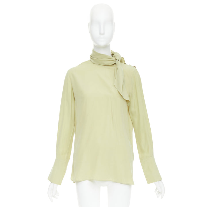 JOSEPH Geoff pea green silk toile tie neck buttons long sleeve blouse FR36 S