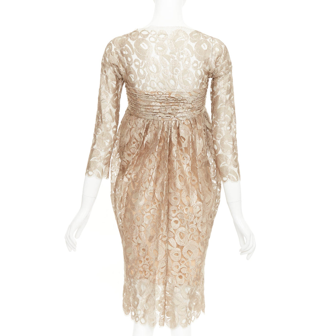 ROMEO GIGLI JOYCE Vintage ruched empire lace gold draped cocktail dress IT36 XXS