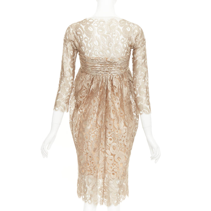 ROMEO GIGLI JOYCE Vintage ruched empire lace gold draped cocktail dress IT36 XXS