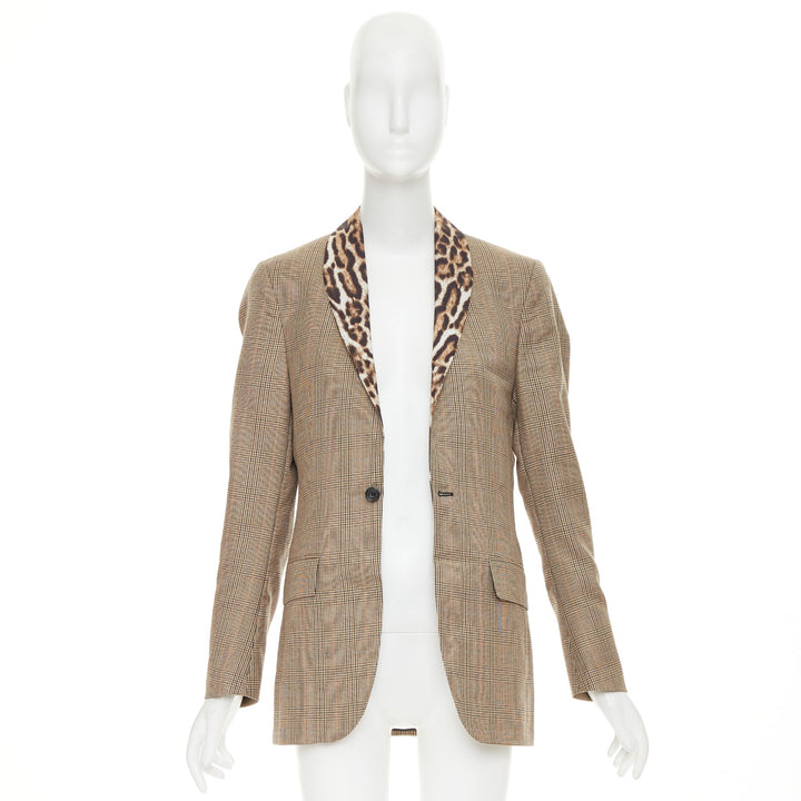 R13 2019 Runway Shawl brown wool leopard shawl collar check blazer S
