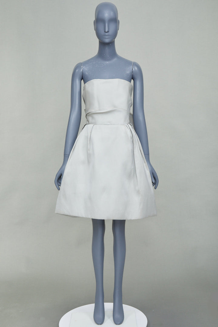 LANVIN Bridal light gray structural strapless bow back pleated bell dress FR36 S