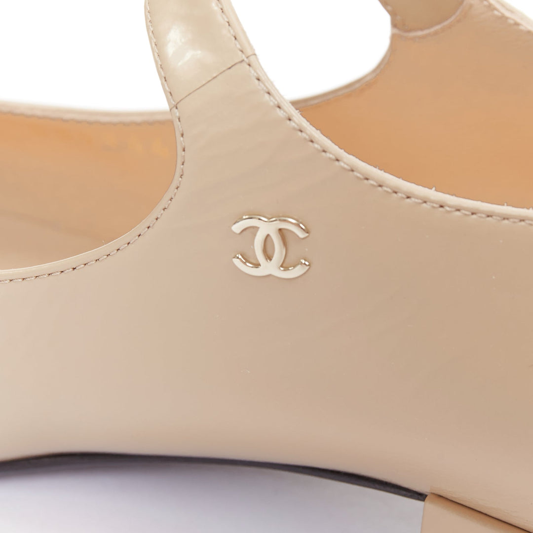 CHANEL 2024 beige leather black cap toe CC block heel mary jane flats EU39.5