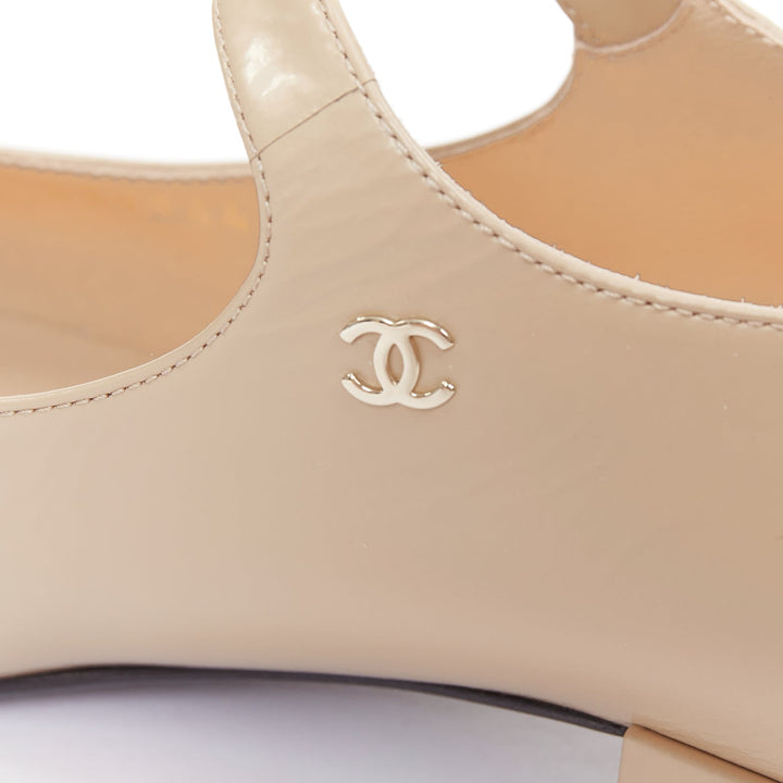 CHANEL 2024 beige leather black cap toe CC block heel mary jane flats EU39.5