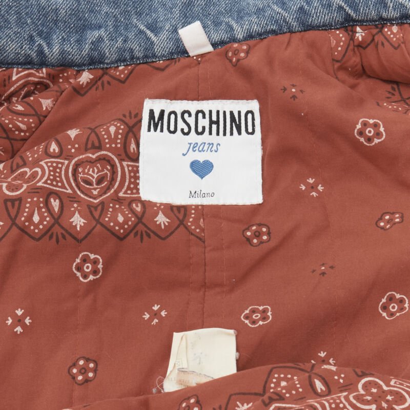 vintage MOSCHINO JEANS 1988 blue denim red paisley lined padded coat IT42