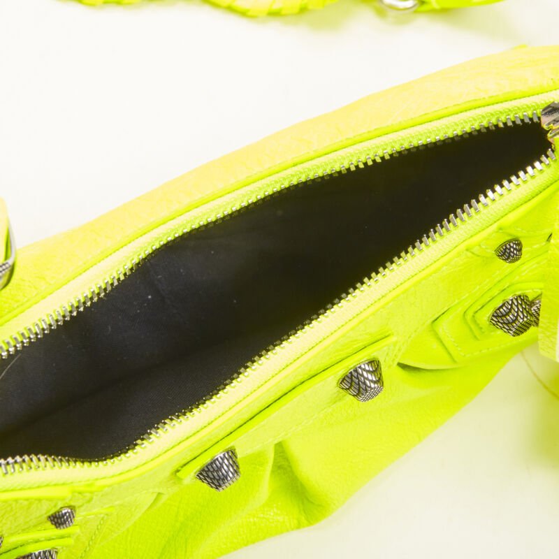 BALENCIAGA DEMNA LE Cagole XS neon yellow silver stud crossbody Motocross bag