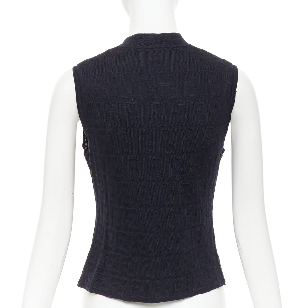FENDI 1990s Maglia Vintage black navy FF Zucca monogram knit vest top IT40 S