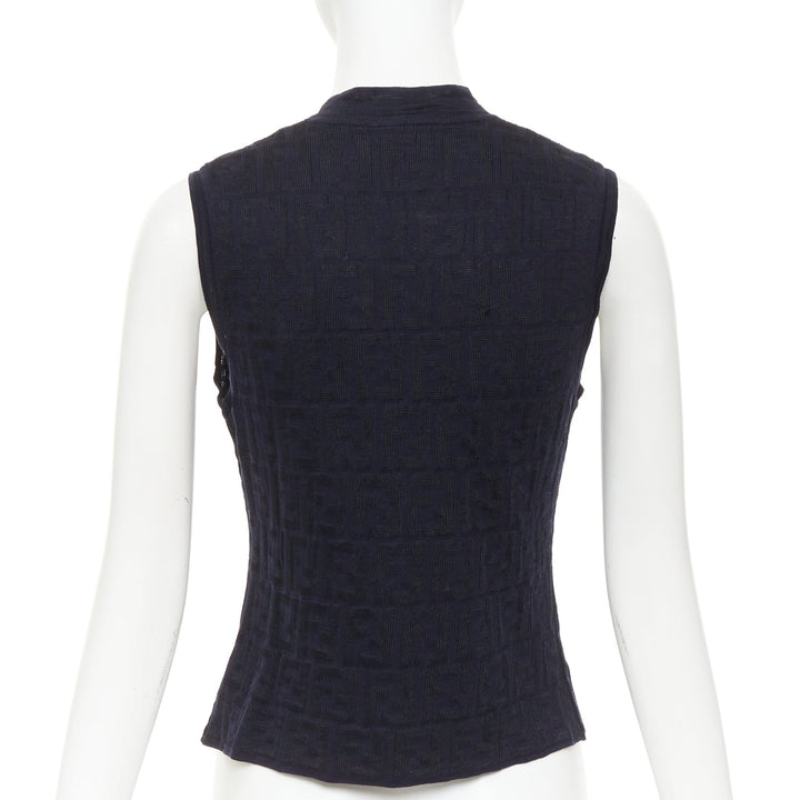 FENDI 1990s Maglia Vintage black navy FF Zucca monogram knit vest top IT40 S