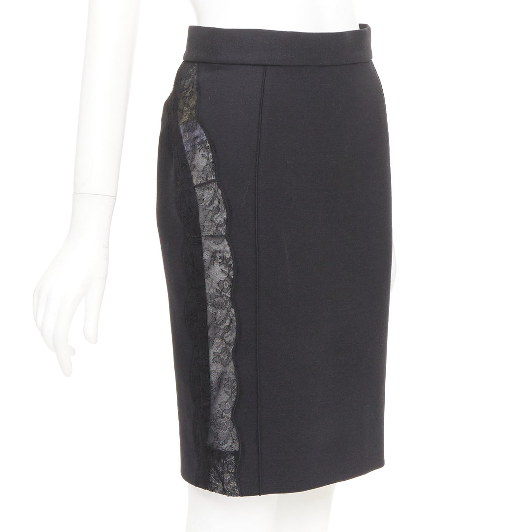 STELLA MCCARTNEY black wool blend lace side panels cut out pencil skirt IT38 XS