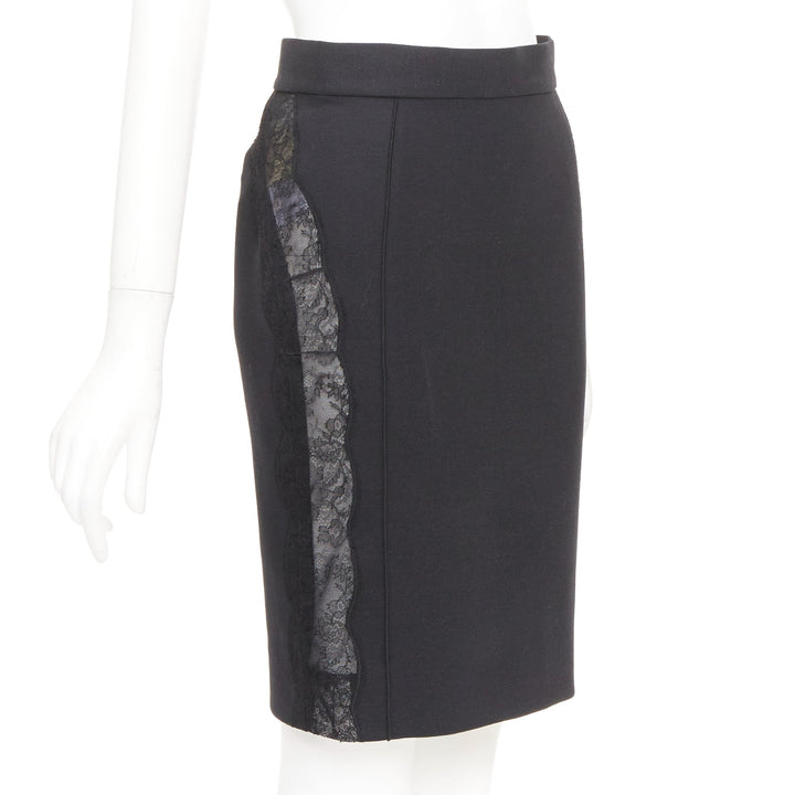 STELLA MCCARTNEY black wool blend lace side panels cut out pencil skirt IT38 XS