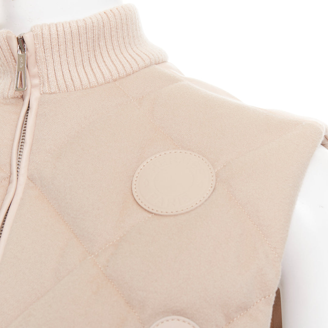 HERMES beige quilted waterproof 100% cashmere lambskin down puffer vest FR34 XXS