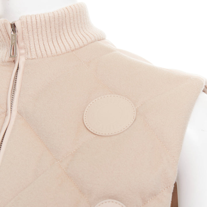 HERMES beige quilted waterproof 100% cashmere lambskin down puffer vest FR34 XXS