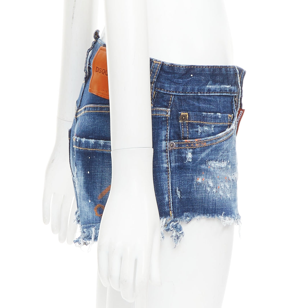 DSQUARED2 dark washed blue distressed painted denim cut off shorts IT38 XS