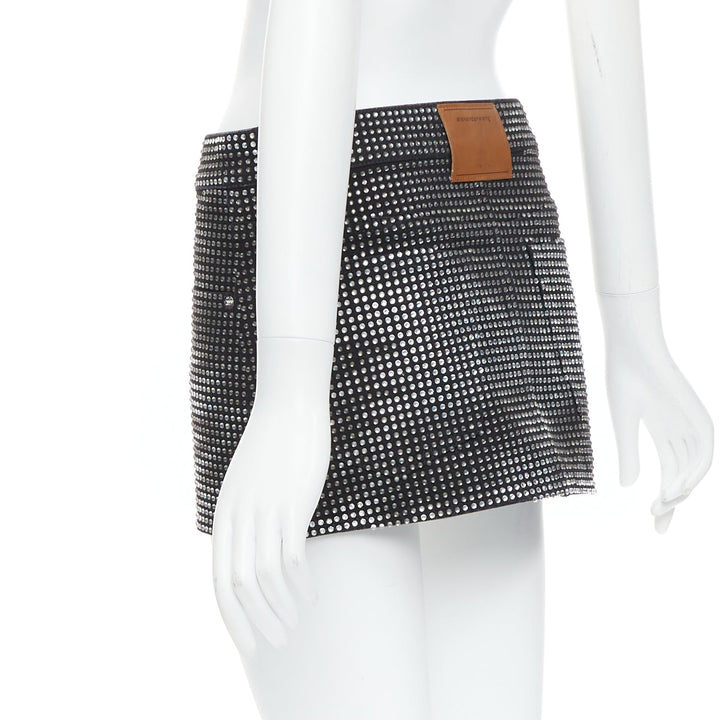 ALEXANDER WANG Hotfix black cotton allover crystal encrusted mini skirt 24"