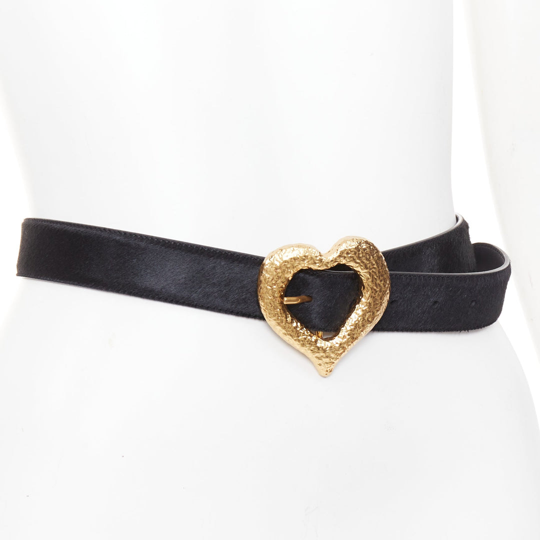 SAINT LAURENT gold tone hammered heart buckle black calf hair belt 80cm